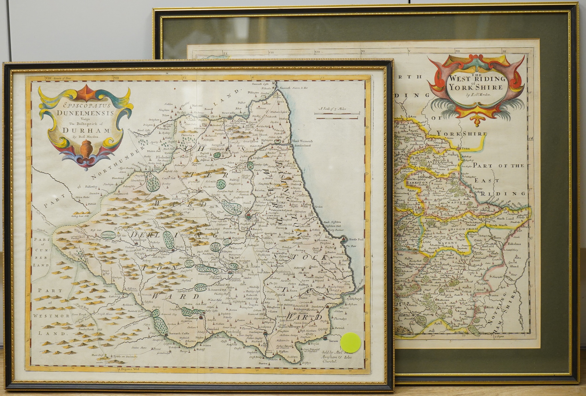 Robert Modern (1650-1703), Durham and The West Riding of Yorkshire’, two hand coloured engraved maps, sold by Abel Swale Awnsham and John Churchill, largest 37 x 42cm